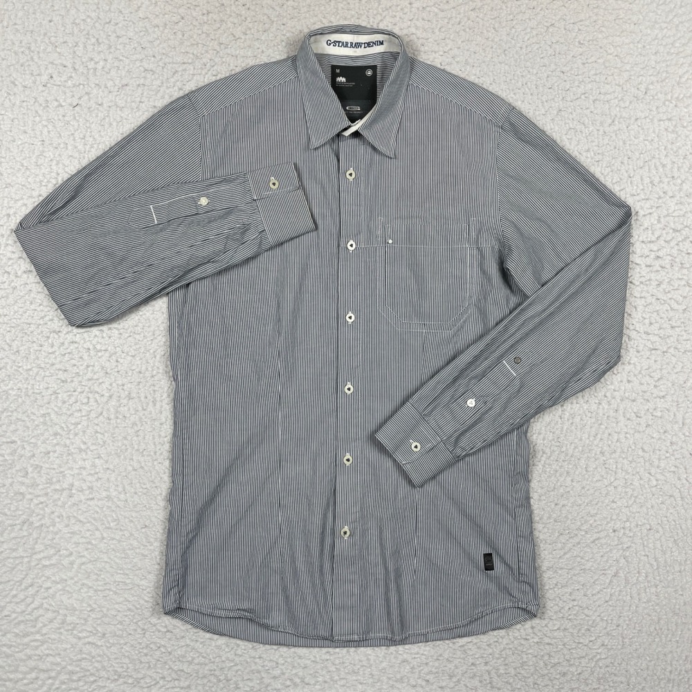 G-Star Raw Button Up Shirt Mens M Blue Micro Stripe Slim Casual Work Streetwear